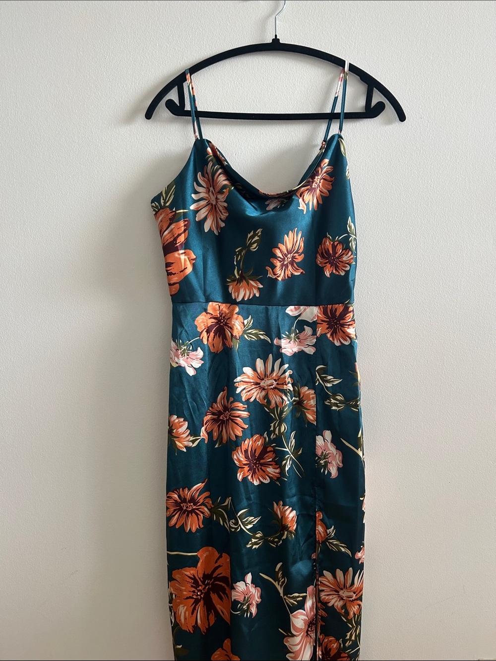 Floral Satin Slip Dress in Teal and Orange
